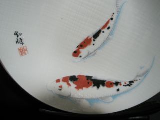 Asian Porcelain Plate Coy Fish Artist Signed photo