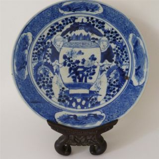 19th Century Chinese Blue & White Porcelain Plate - Monks With Giant Vase photo