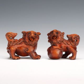 Pair Of Antique Chinese Handwork Boxwood Lion Statues Vintage Wooden Statues photo