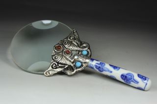 Chinese Old Silver - Plated /porcelain Handwork Inlay Turquoise Bead Magnifier photo