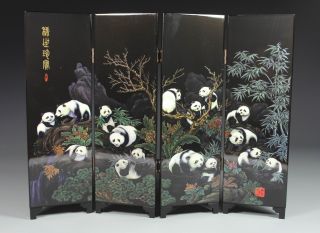 Chinese Handwork Painting Panda Old Lacquer Screen photo