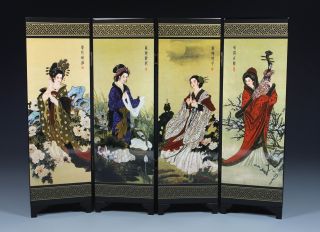 Chinese Handwork Painting Four Beauties Old Lacquer Screen photo