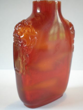 C1830 Chinese Antique Snuff Bottle Caved From Amber With Mask And Ring photo