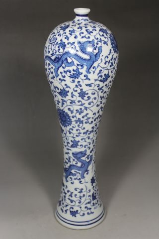 Asian Old Blue & White Porcelain Handwork Paiting Dragon/ Flower Vase Decoration photo
