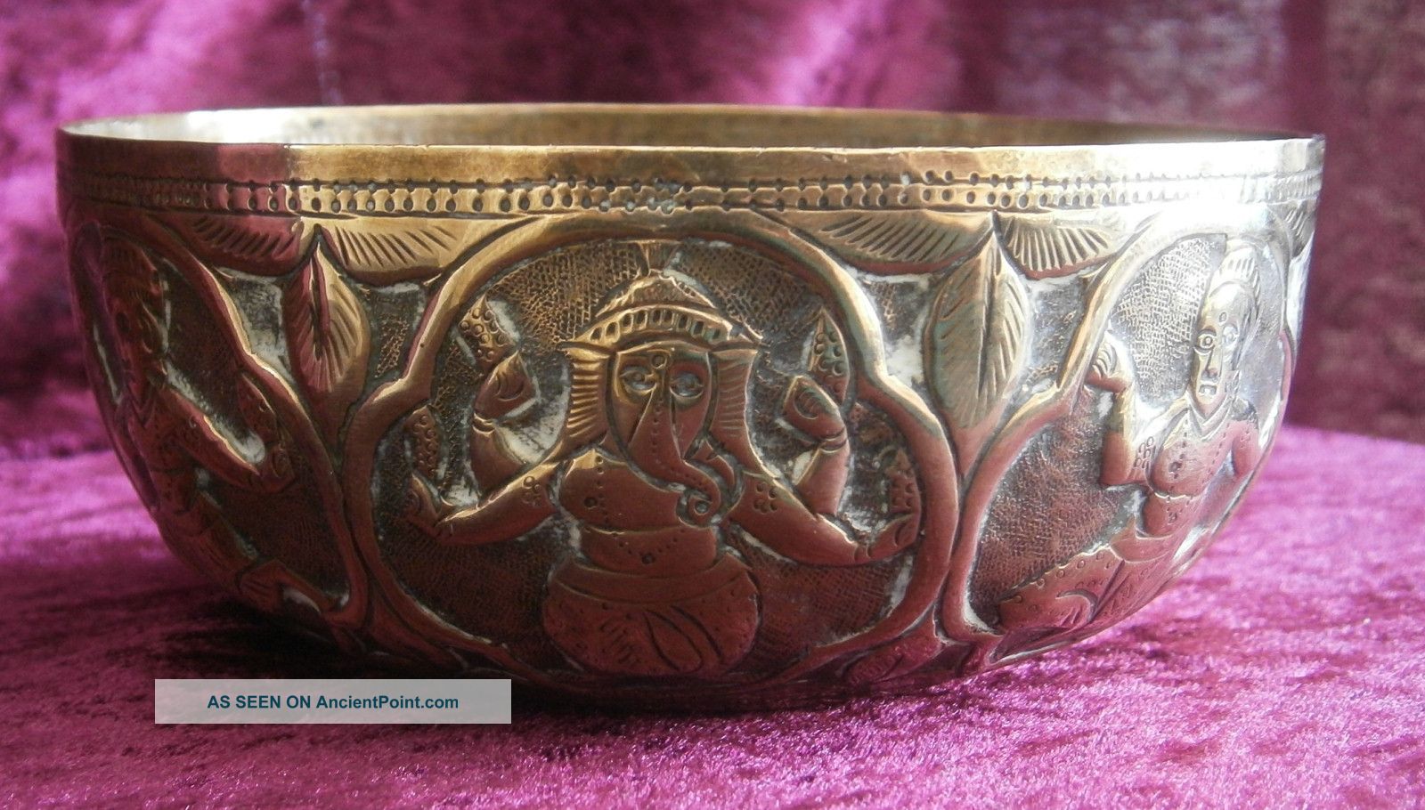 Good Antique Indian Repousse Brass Bowl Depicting Gods - India photo