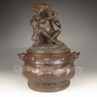 Chinese Bronze Incense Burner & Lid W Buddha & Qian Long Mark Nr photo