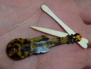 Rare Faux Tortoiseshell Mini Toothpick & Earwax Spoon Violin Design Early C19th photo