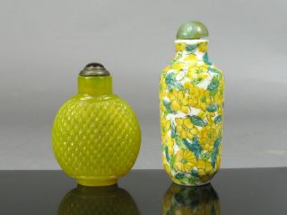 2 Chinese Snuff Bottles,  Egg Yolk Yellow Peking Glass And One Enameled photo