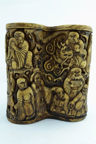 - China Collectibles Old Handwork Alabaster Carving Buddha Brush Pot photo