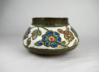 Antique Iranian Enamel On Copper Bowl.  Persian Indian Turkish Islamic photo