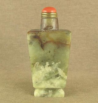 Pea Green Chinese Jade Snuff Bottle With Red Coral Top Lid photo