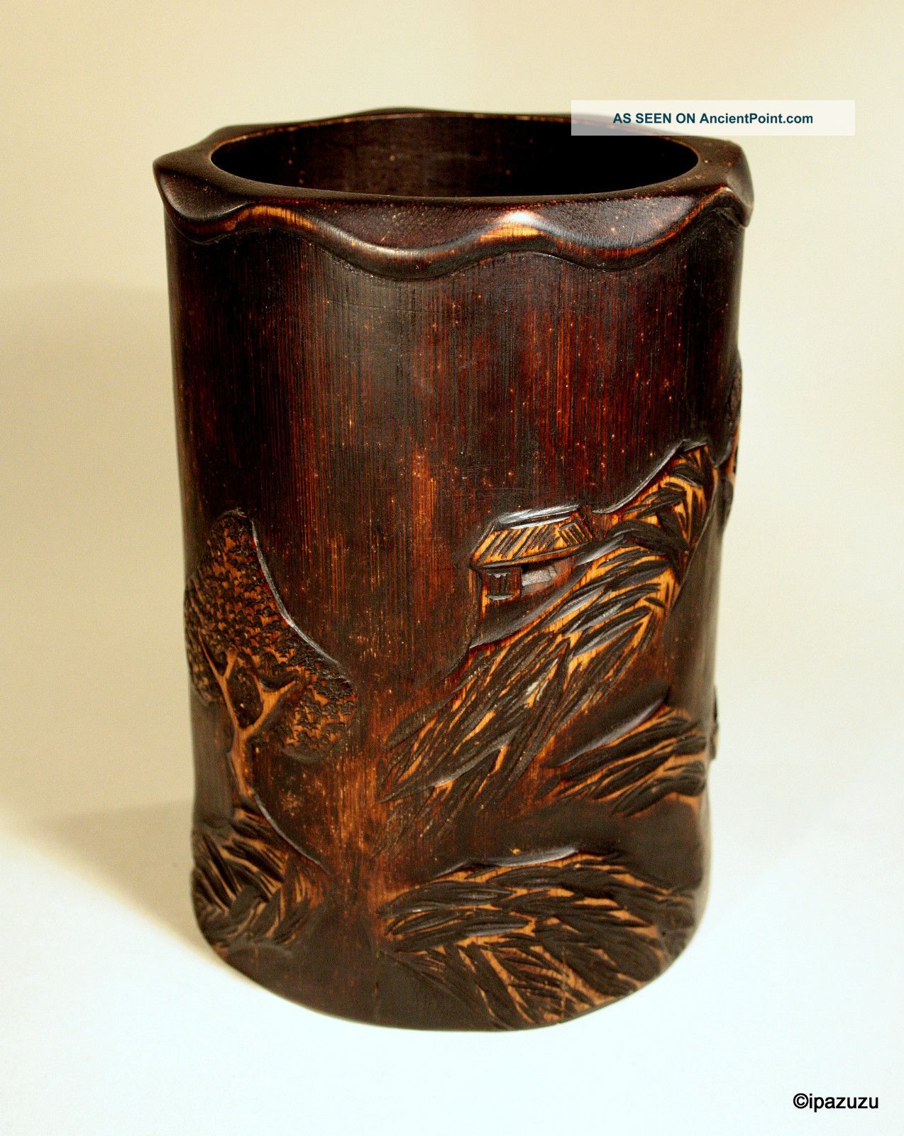 Chinese Wood Carved Bamboo Brush Pot Woodenware photo