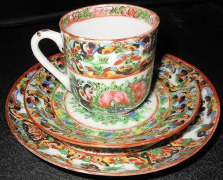 C1910 Chinese Canton Rose Famille Rose Trio: Cup,  Saucer,  Plate,  Butterflies photo