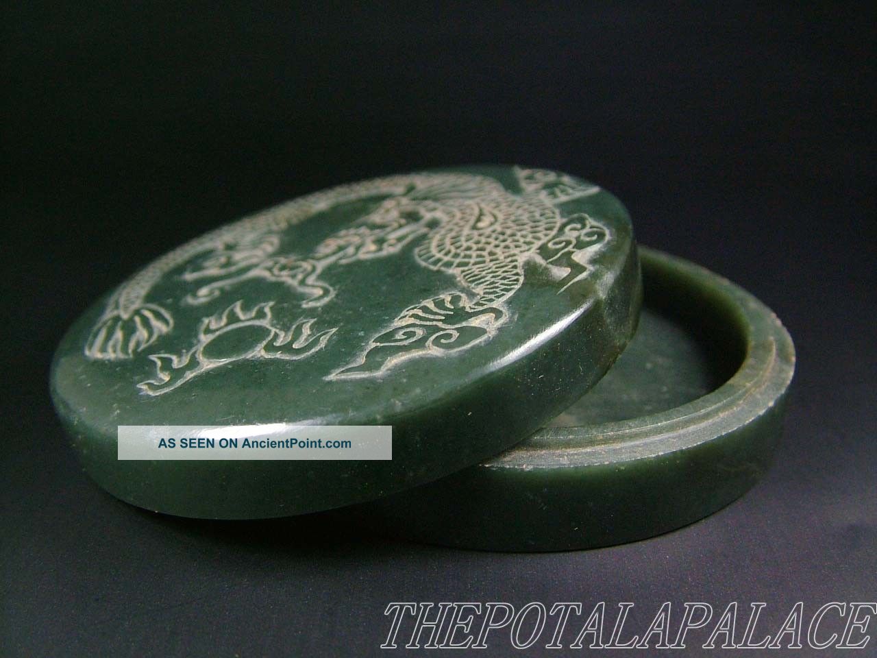 Old Chinese Spinach Nephrite Jade Inkpad Box 16/17thc.  Powerful Dragon Carved Ink Stones photo
