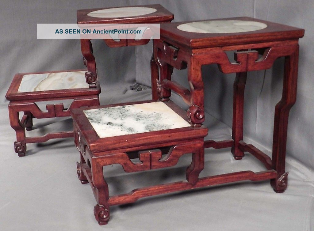 Pair Vintage Chinese Oriental Marble Wood Teak Step Table Display Stand Carved Tables photo