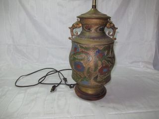 Awesome Vintage Dragon Metal Cloisonne Aisan Oriental Flower Lamp W Cool Finial photo