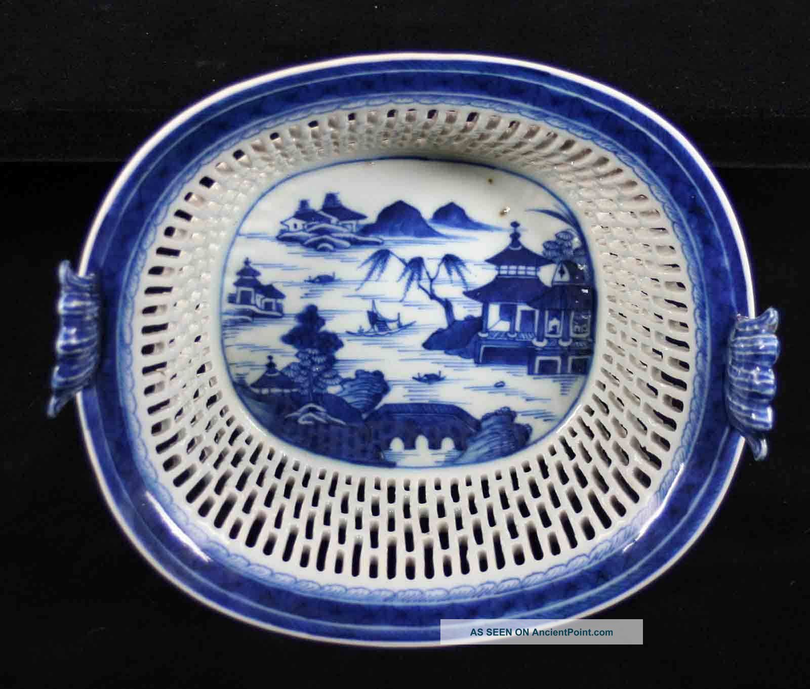 Antique Blue & White Canton China,  Export Porcelain - Shell Hdl.  Reticulated Basket Other photo