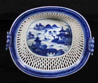 Antique Blue & White Canton China,  Export Porcelain - Shell Hdl.  Reticulated Basket photo
