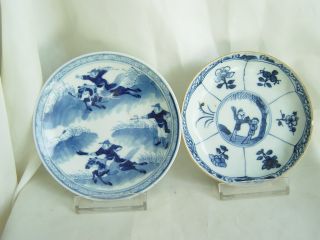 18th Two B/w Chinese Export Porcelain Saucers - Hunting To Rabbits,  Boys At Play photo
