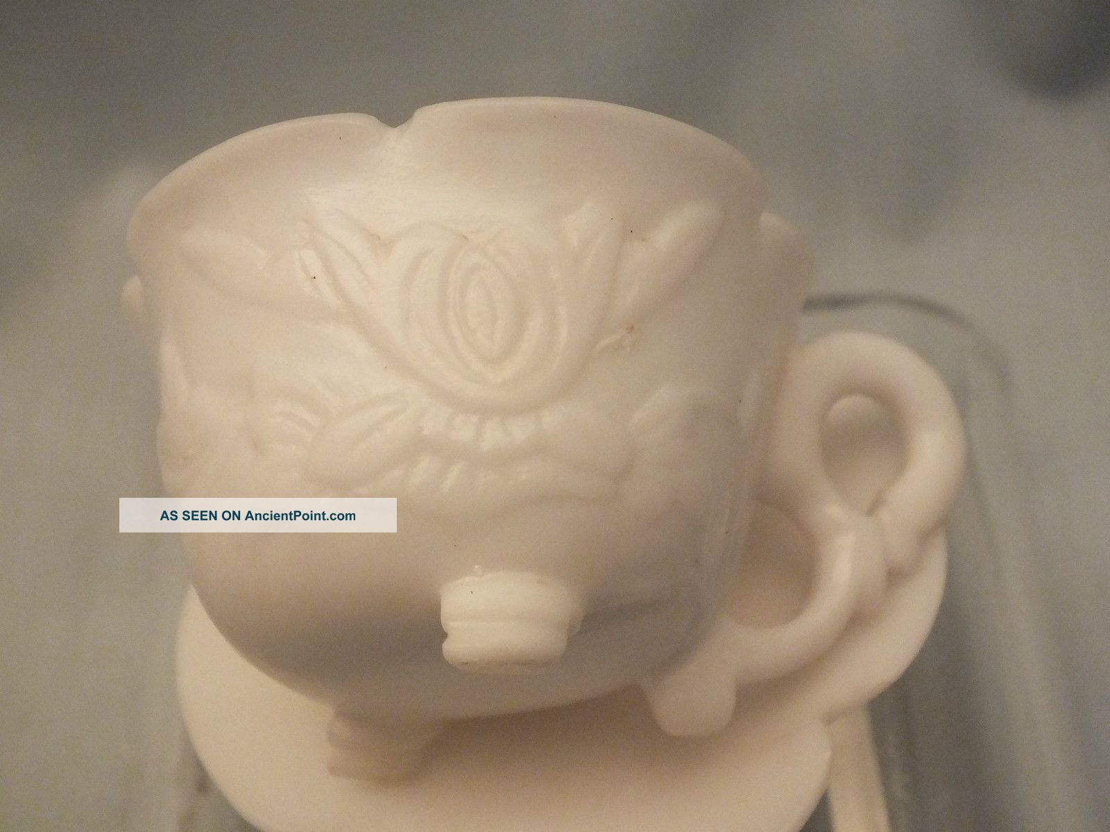 Chinese White Hardstone Cup & Saucer With Raised Floral Decor 20thc (a) Jade/ Hardstone photo
