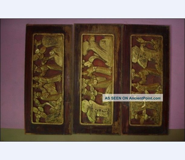 3pcs Antique Chinese Gold Gilt Wood Panel With Opera Characters Other photo