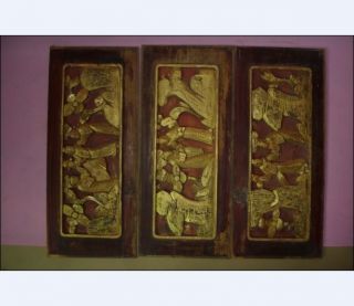 3pcs Antique Chinese Gold Gilt Wood Panel With Opera Characters photo