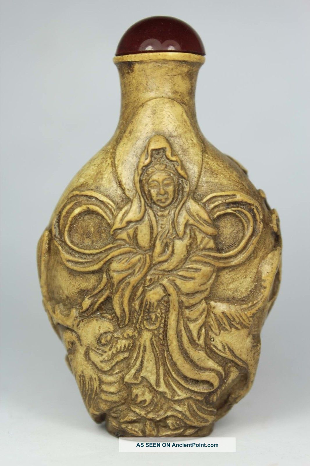 Chinese Old Alabaster Handwork Embossment Buddha Fish Kirin Snuff Bottle Snuff Bottles photo