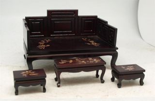 Chinese Miniature Carved Rosewood Day Bed With Three Stools - Mother Of Pearl photo