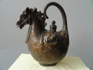 Chinese Bronze Teapot Carven Horse Shape Mouse Spout Old Exquisite photo