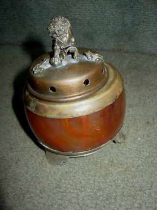 Red Jade Incense Burner Lion & Frogs Tibetian Silver photo