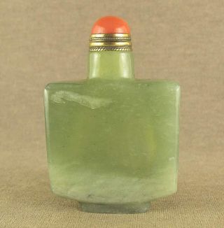 Pea Green Chinese Jade Snuff Bottle With Red Coral Top Lid photo