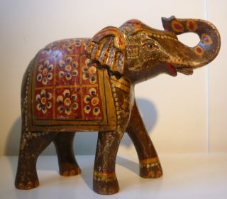 Vintage Hindu Indian Carved And Painted Wood Caparisoned Festival Elephant photo