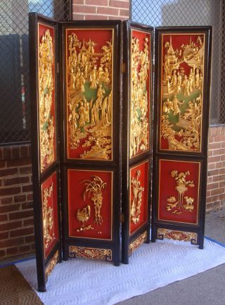 Antique Chinese Carved Gilt Wood 4 Panel Folding Screen/room Divider - Wow photo