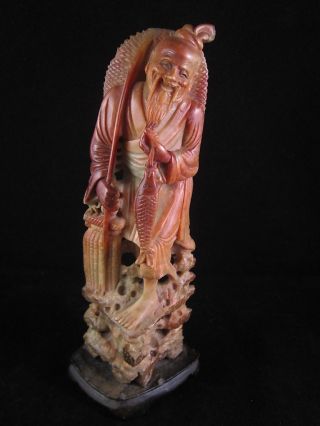 Scarce Red Soapstone Carving/statue Happy Fisherman Beaming Man W/ Fish And Pole photo