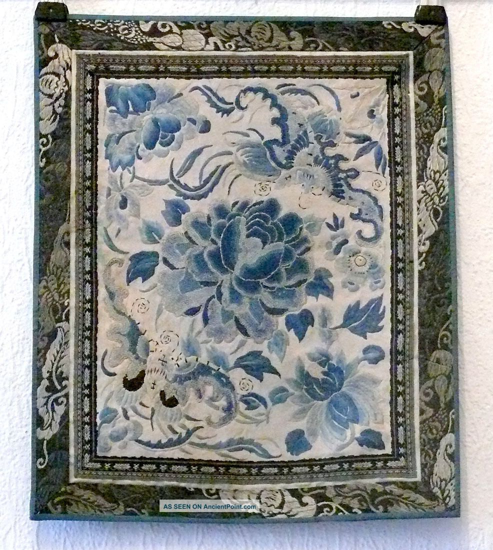 Antique Chinese 1800 - Th Blue Silk Panel. Robes & Textiles photo