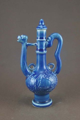 Unique Chinese Monochrome Blue Glaze Porcelain Dragon&phoenix Wine Pot photo