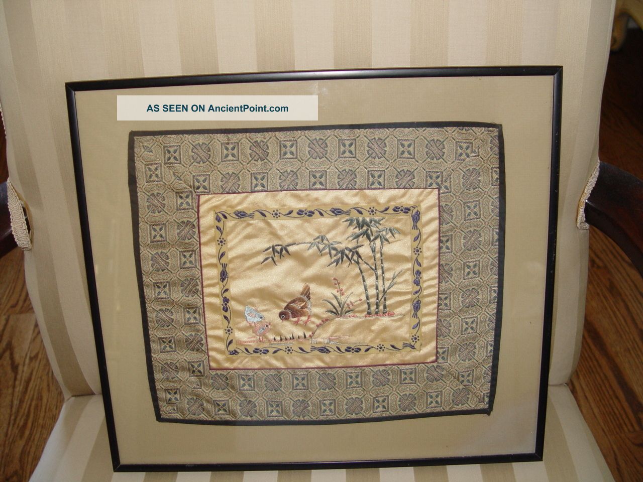 Antique Asian Embroidered Silk Panel Cloth Tapestry Framed Japanese Japan Robes & Textiles photo