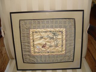Antique Asian Embroidered Silk Panel Cloth Tapestry Framed Japanese Japan photo