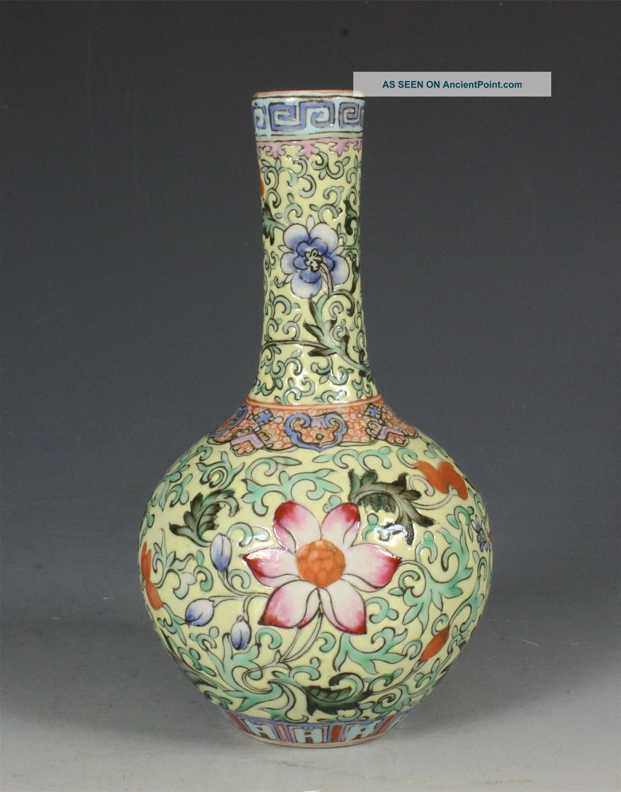 Chinese Yellow Ground Famille Rose Vase Qianlong Mark 19thc Porcelain photo