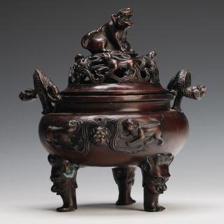 Rare Antique Chinese Bronze Myth Beast Incense Burner Asian Cultures Collectible photo