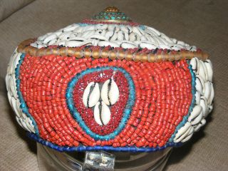 Antique Tibetan Asian Pill Box Hat Cowrie Shells Turquoise Coral Bead Chips photo