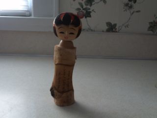 Vintage Kokeshi Doll Hand Hewn And Painted With Japanese Script photo