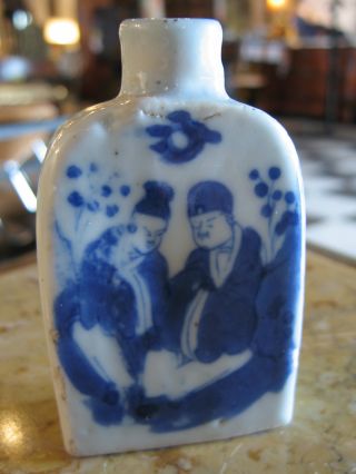 Antique Chinese Blue & White Porcelain Snuff Bottle Signed / Marked On 1 Side photo