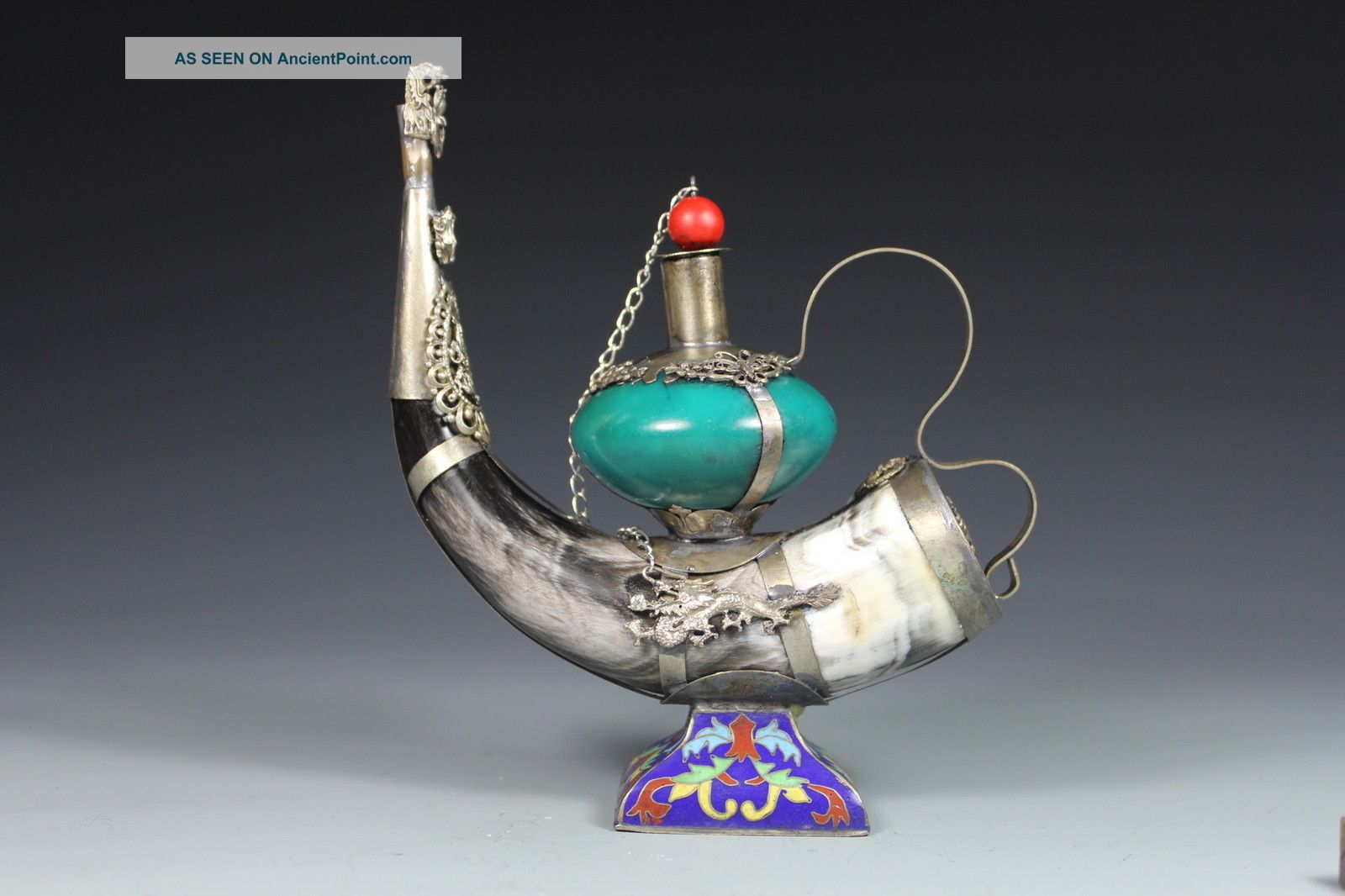 Chinese Old Ox Horn/ Closionne/ Jade Wonderful Handwork Painting Tea Pot Tibet photo