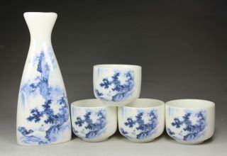Asian Old Porcelain Handwork Painting Scenery Flagon And Wine Cup Five - Piece photo