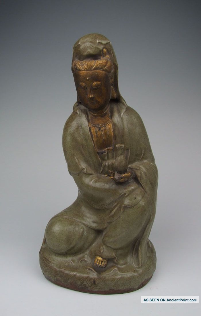 One Longquan Ware Gilt Porcelain Kuanyin Buddha Statue Yuan Dynasty Pots photo