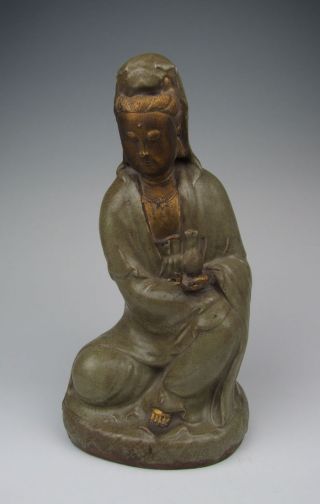 One Longquan Ware Gilt Porcelain Kuanyin Buddha Statue Yuan Dynasty photo