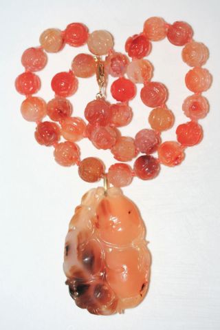 Antique Chinese Gilded Silver Carved Carnelian Pendant & 12mm Bead Necklace photo