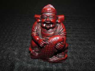 Unique Chinese Red Lacquer Man Or Buddha & Fish Statue Gorgeous & Stunning photo