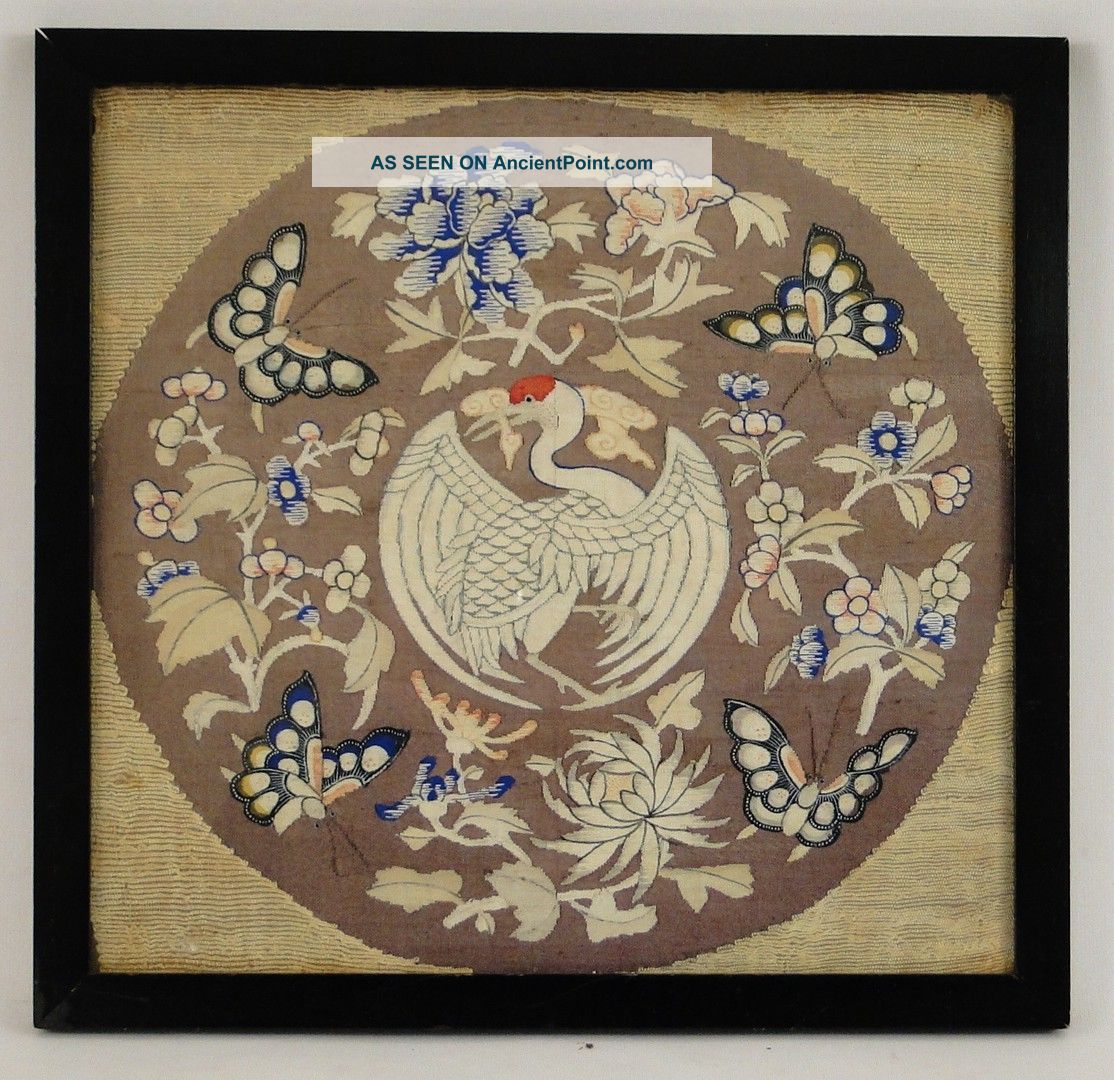 Antique Chinese Hand Loomed Embroidery Textile Of Crane Butterlies Robes & Textiles photo